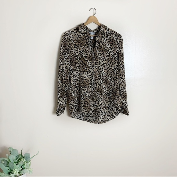 [H&M] Size: 4 Brown & Black Leopard Animal Print Long Sleeve Button Down Top - Picture 1 of 9